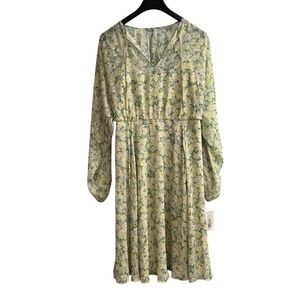 Mikael Aghal Dress Chiffon Floral Watercolor Lined Ruffle Semi Sheer Midi